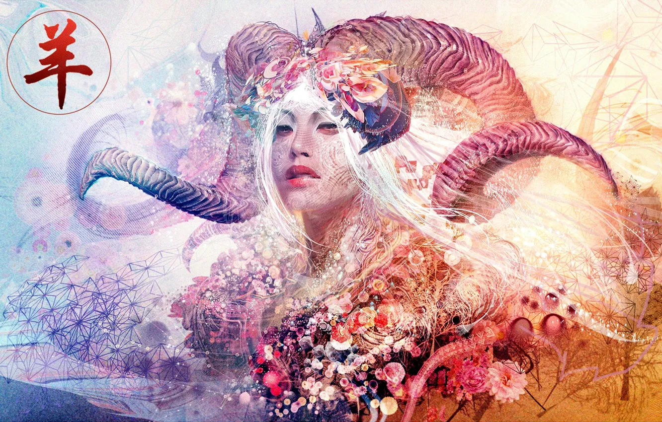 Photo wallpaper colors, colorful, abstract, girl, horns, texture, eyes, face