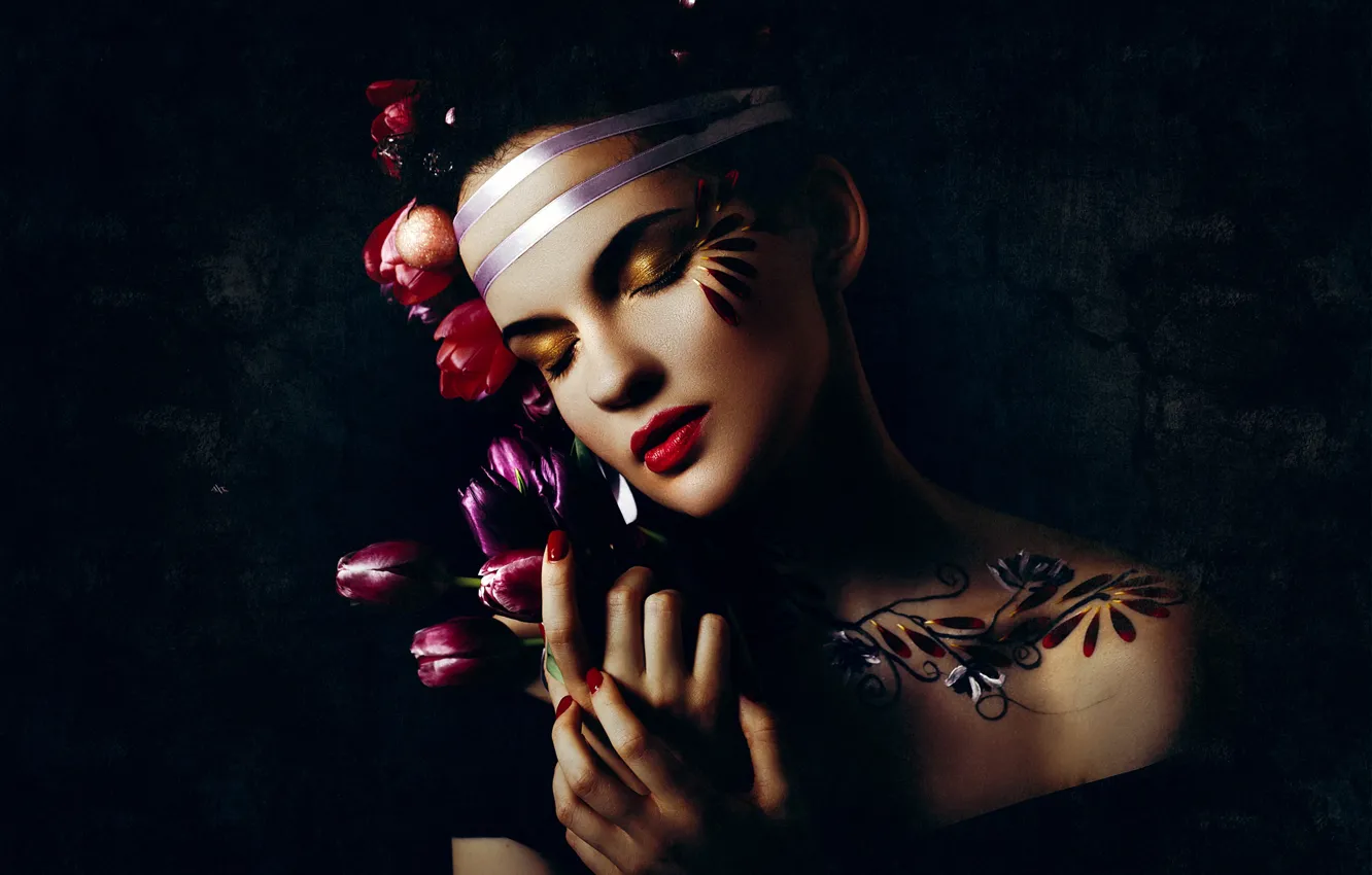 Photo wallpaper decoration, flowers, face, pose, background, model, portrait, hands