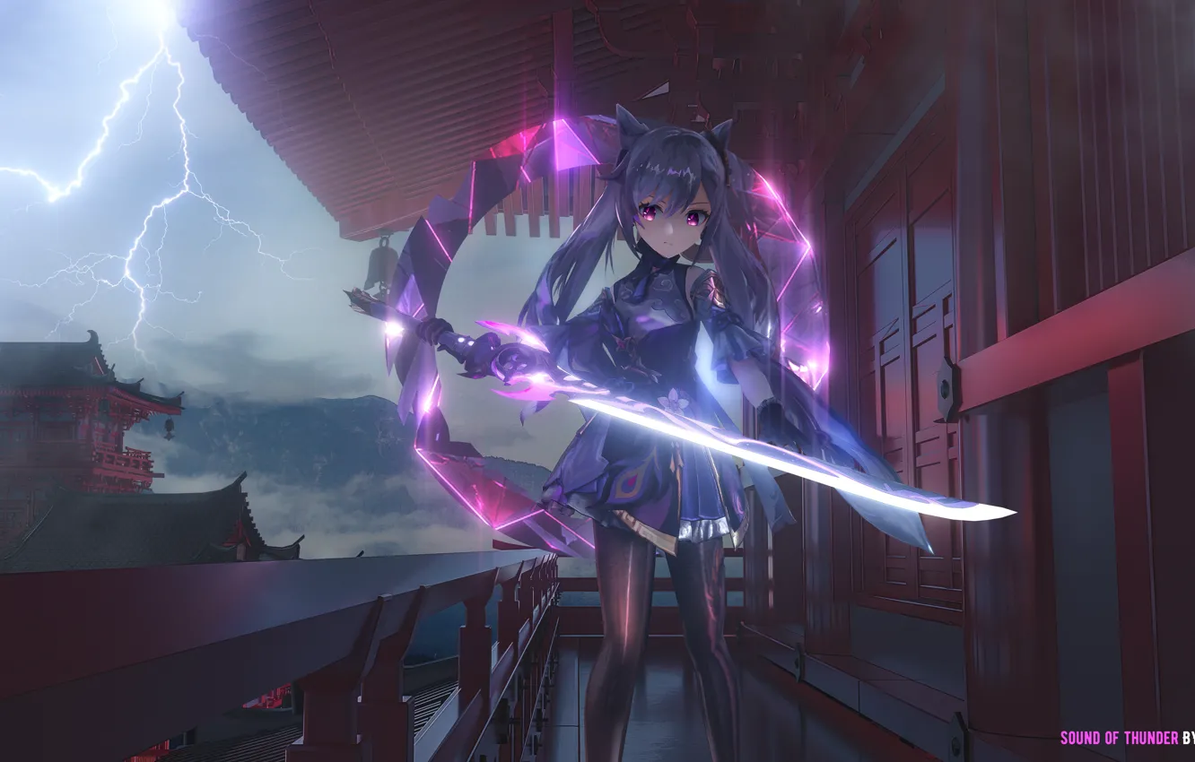 Photo wallpaper girl, lightning, home, sword, Genshin Impact, Keqing, SEYMOUR