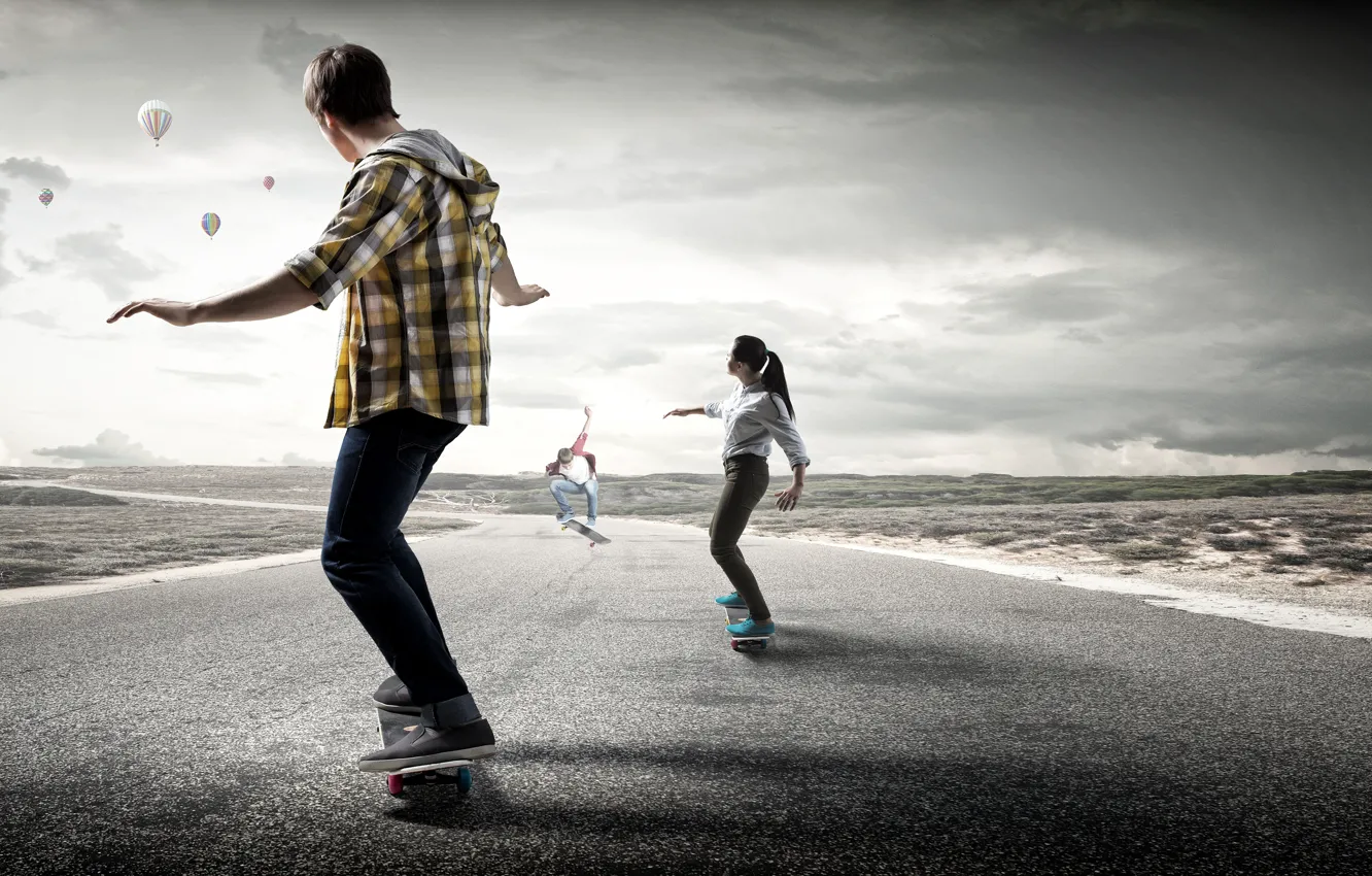Photo wallpaper road, girl, shirt, guy, roads, men, skateboard, skateboard