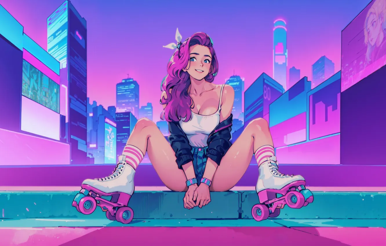Photo wallpaper long hair, Neon, smiling, anime girls, bent legs, bare shoulders, collarbone, looking at viewer