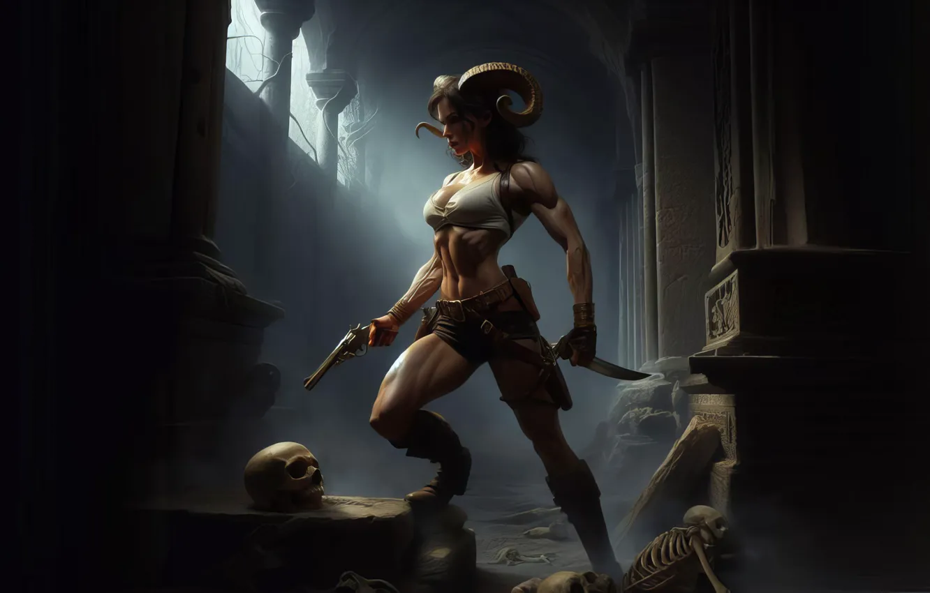 Photo wallpaper light, weapons, Gothic, skull, horns, temple, twilight, demoness