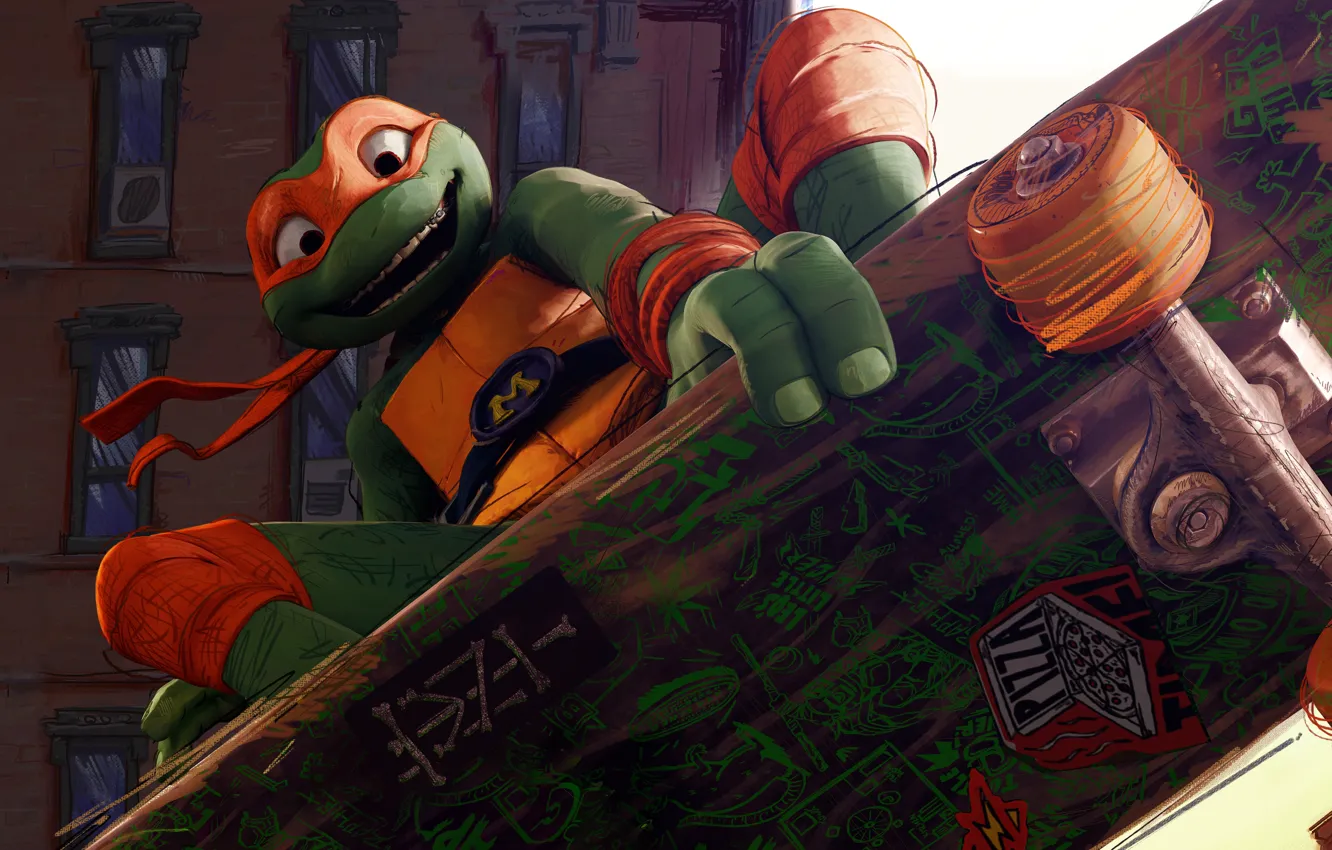 Photo wallpaper michelangelo, turtle, skateboard, ninja turtles, Teenage Mutant Ninja Turtles Mutant Mayhem