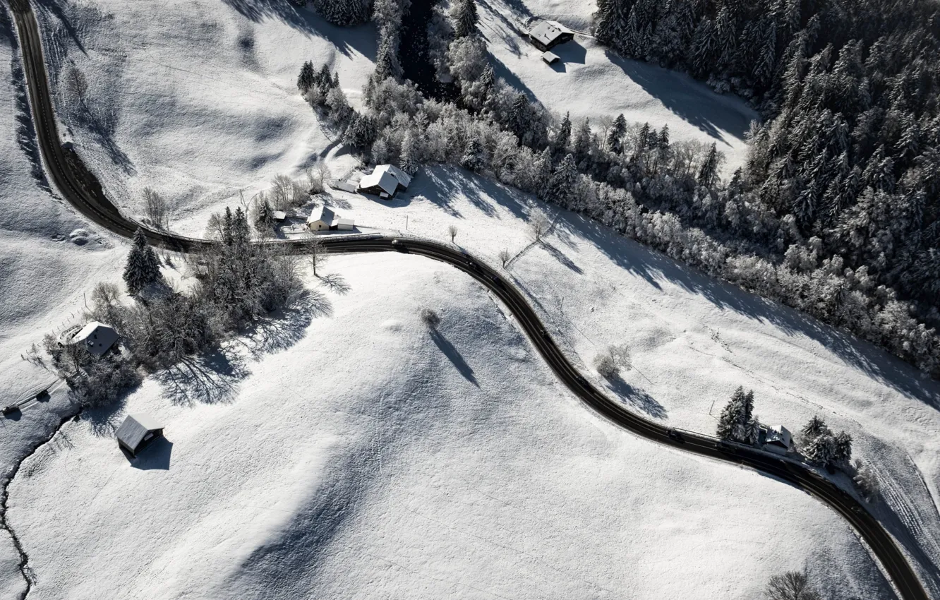Photo wallpaper road, field, snow, view, home, top