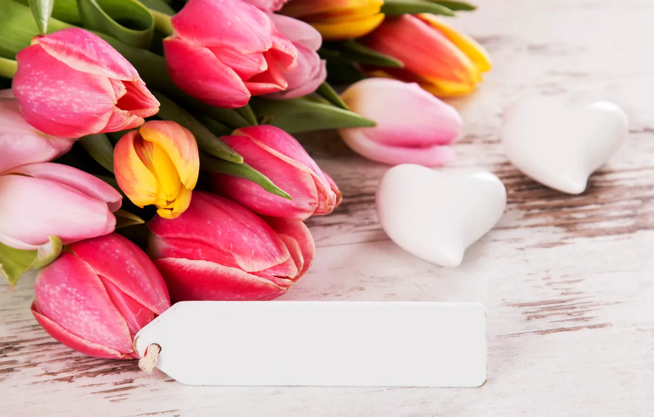Photo wallpaper flowers, bouquet, tulips, love, wood, romantic, hearts, tulips