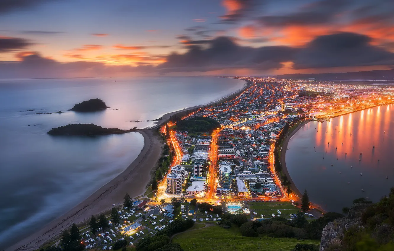Photo wallpaper sunset, lights, New Zealand, New Zealand, Tauranga