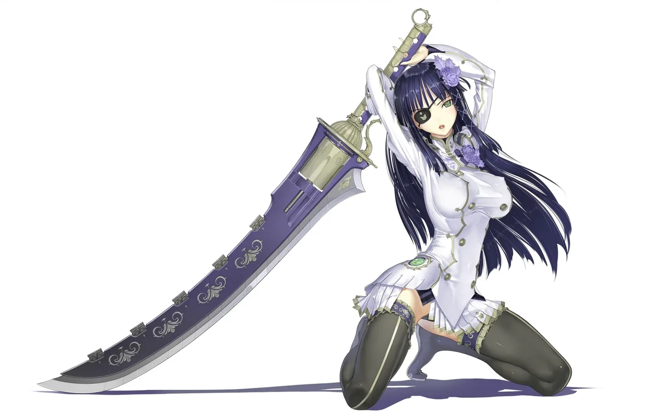 Photo wallpaper shadow, sword, white background, long hair, art, on my knees, black stockings, eye patch