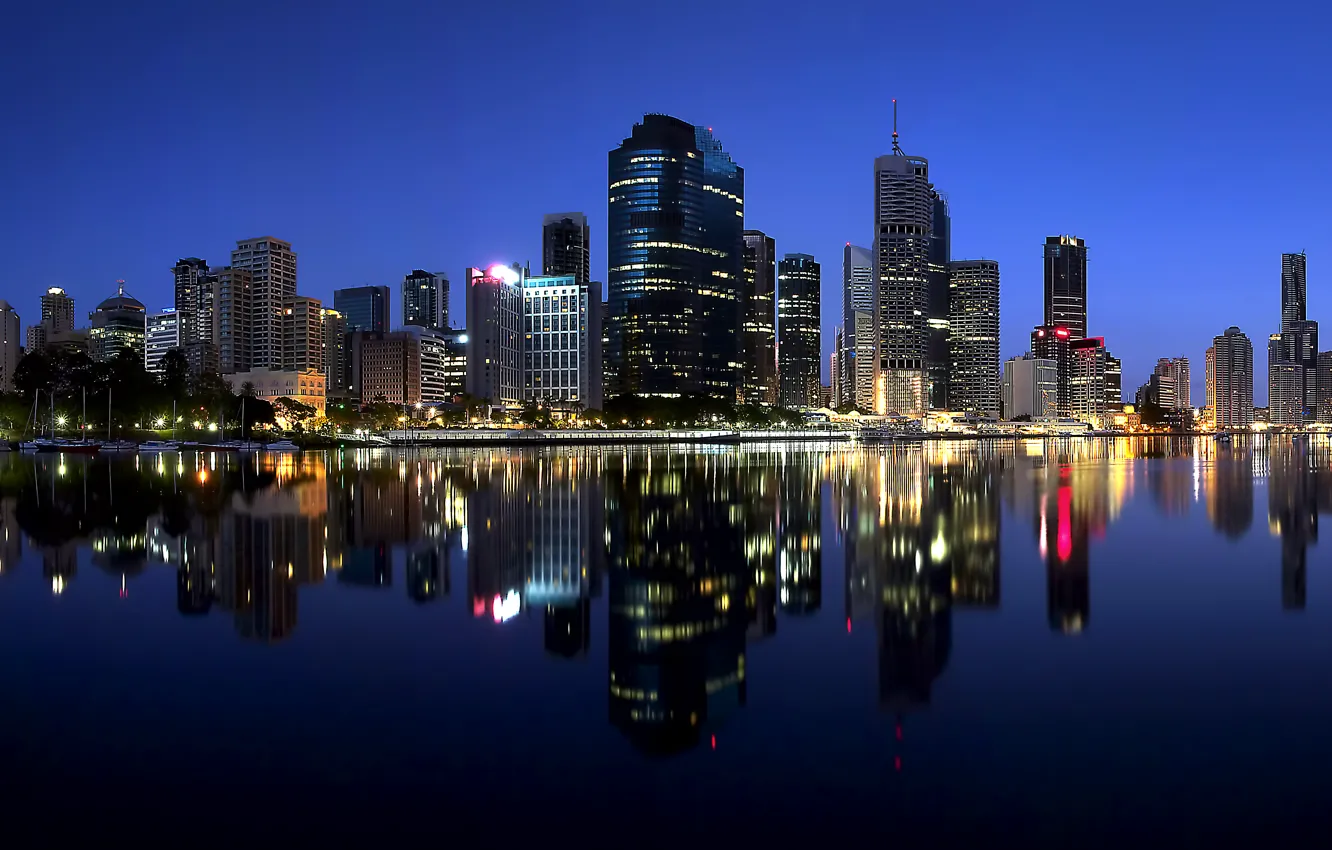 Photo wallpaper night, lights, reflection, river, skyscrapers, backlight, Australia, megapolis