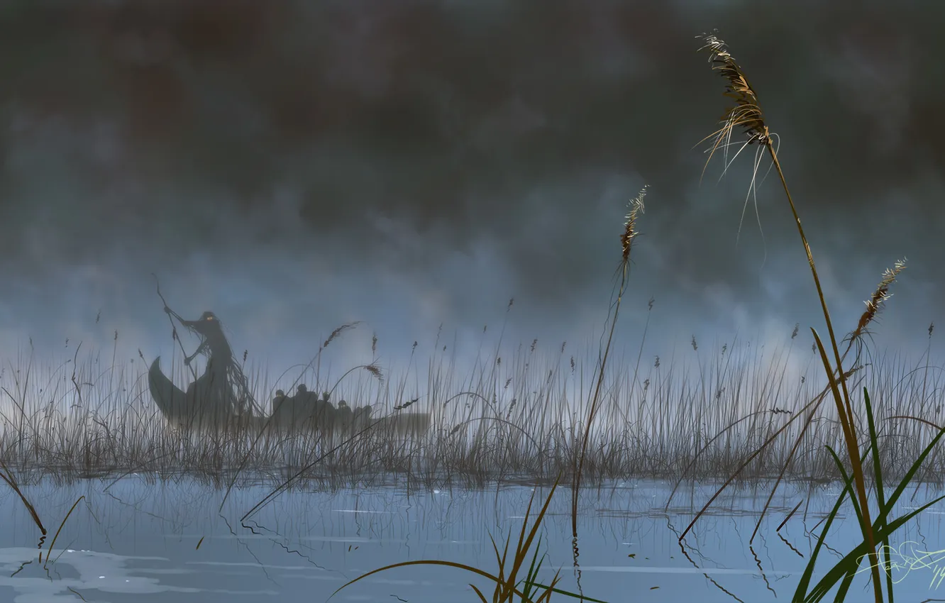 Photo wallpaper fog, river, the reeds, boat, art, the ferryman