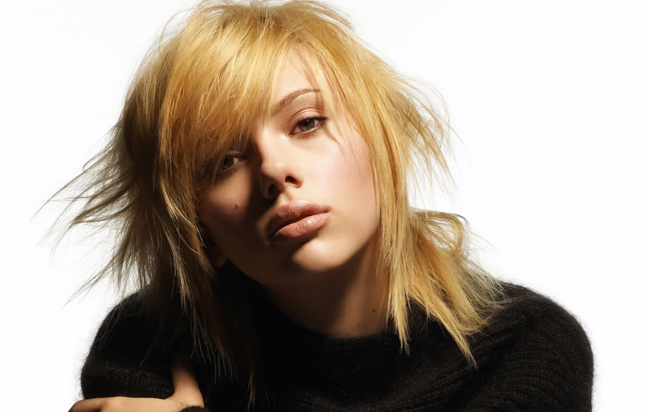 Photo wallpaper actress, Scarlett Johansson, blonde, white background, black sweater