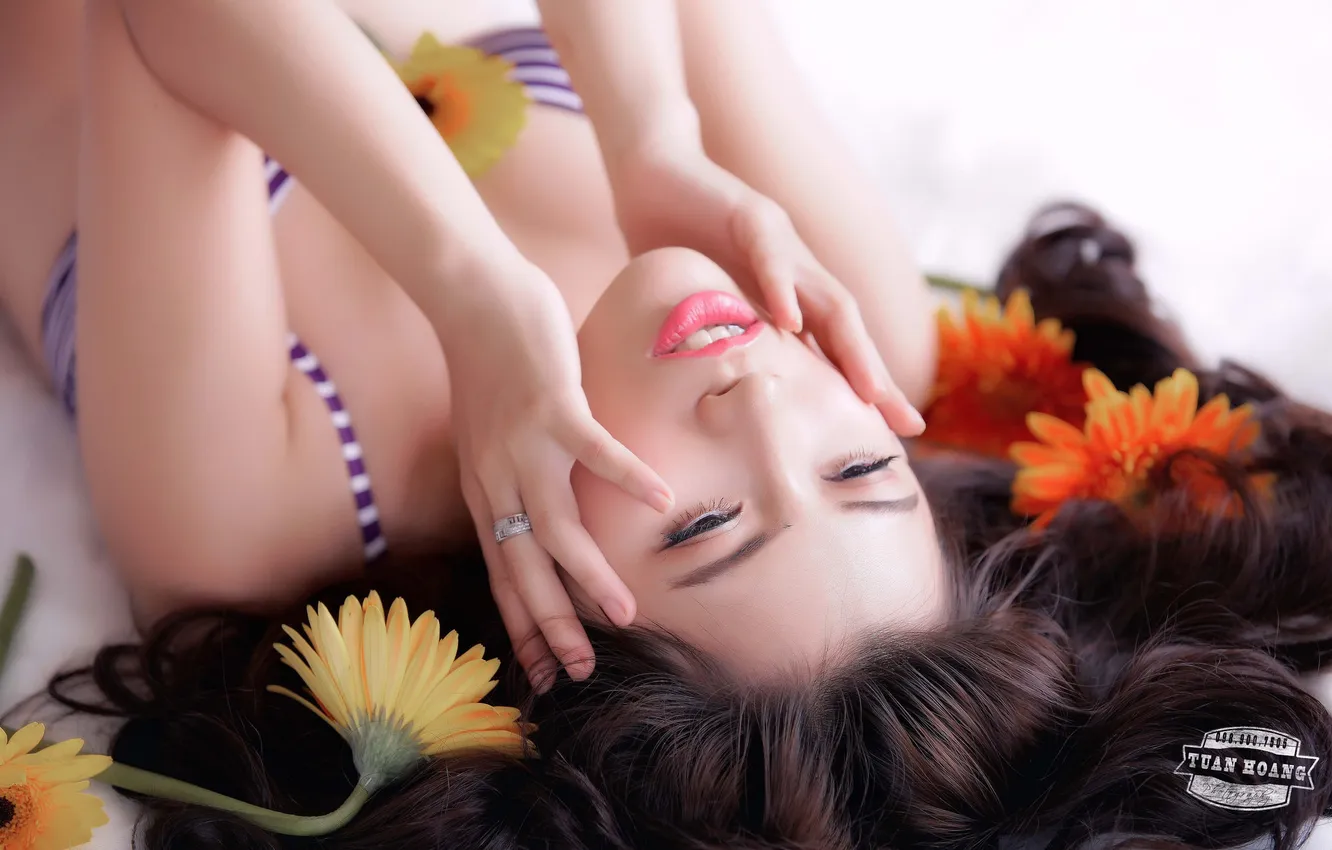 Photo wallpaper girl, flowers, background