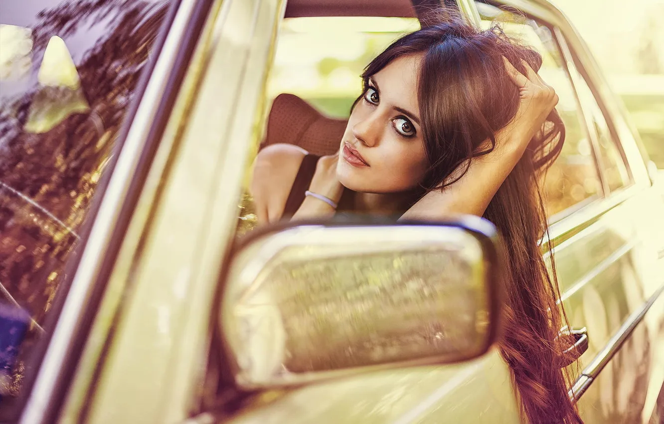 Photo wallpaper eyes, girl, model, mirror, cars, large, girl, brown hair