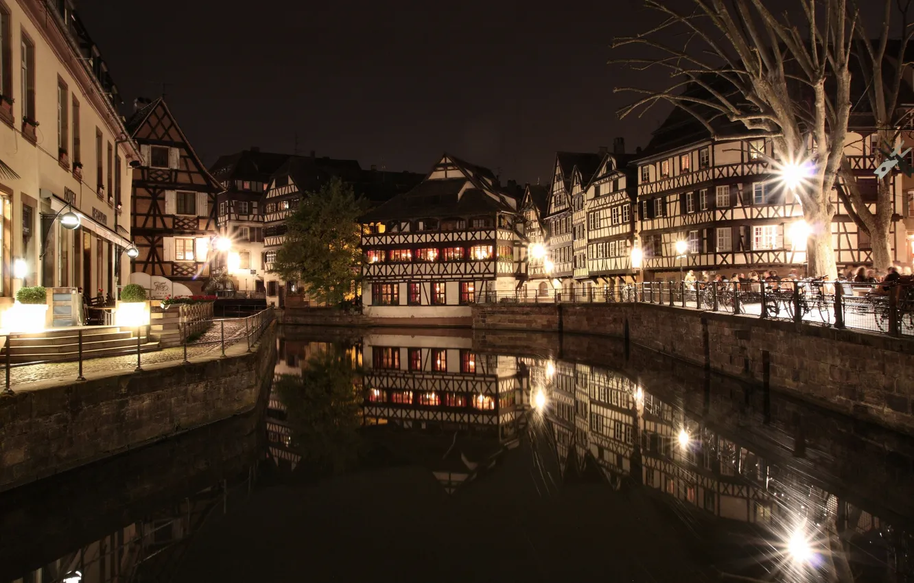 Photo wallpaper water, night, the city, lights, reflection, street, France, home