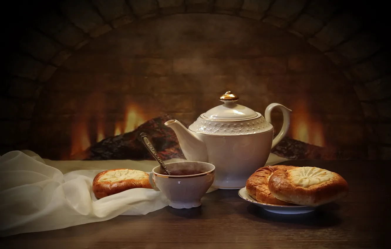 Photo wallpaper tea, kettle, hearth, cheesecake