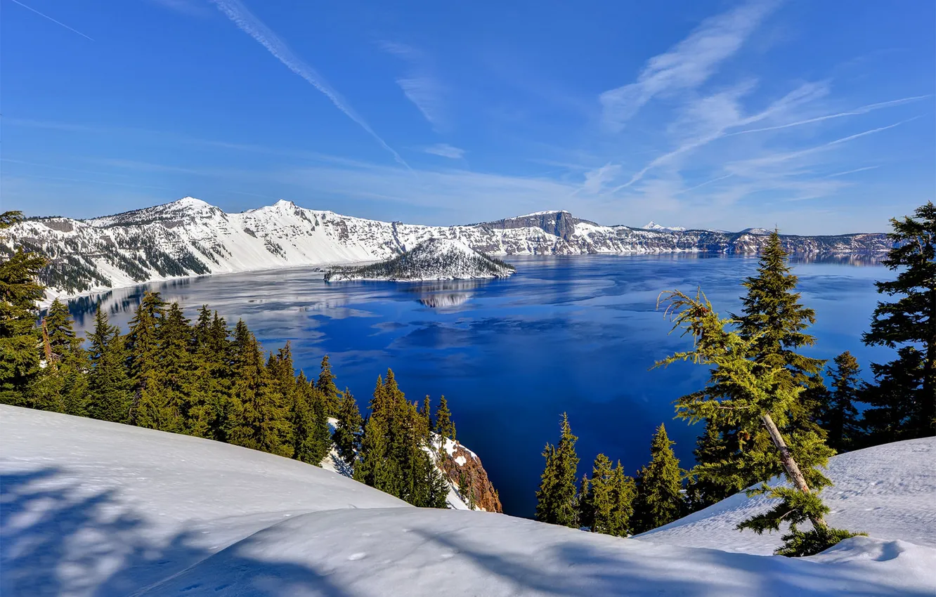 Photo wallpaper winter, snow, trees, mountains, lake, Oregon, Oregon, Crater Lake