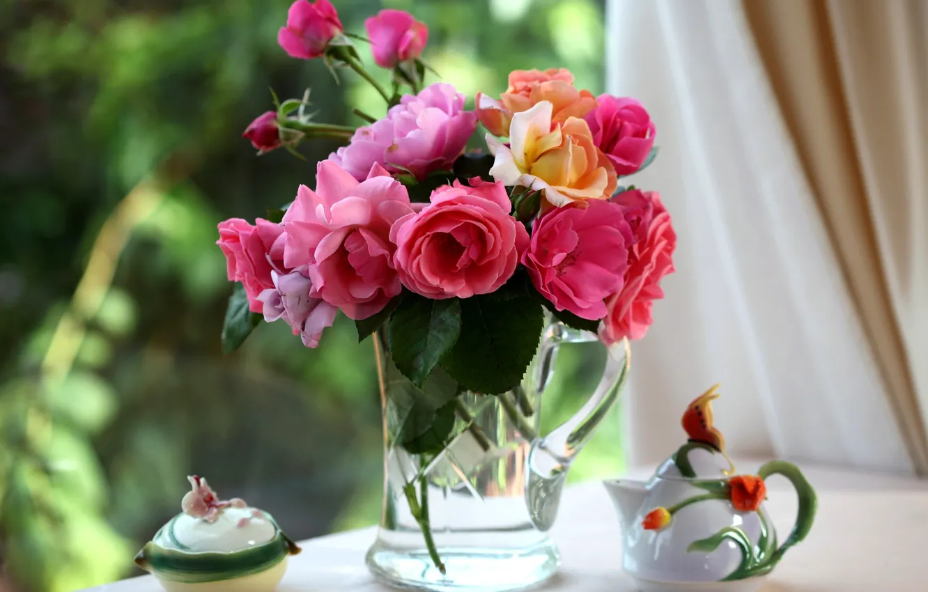 Photo wallpaper flowers, roses, vase