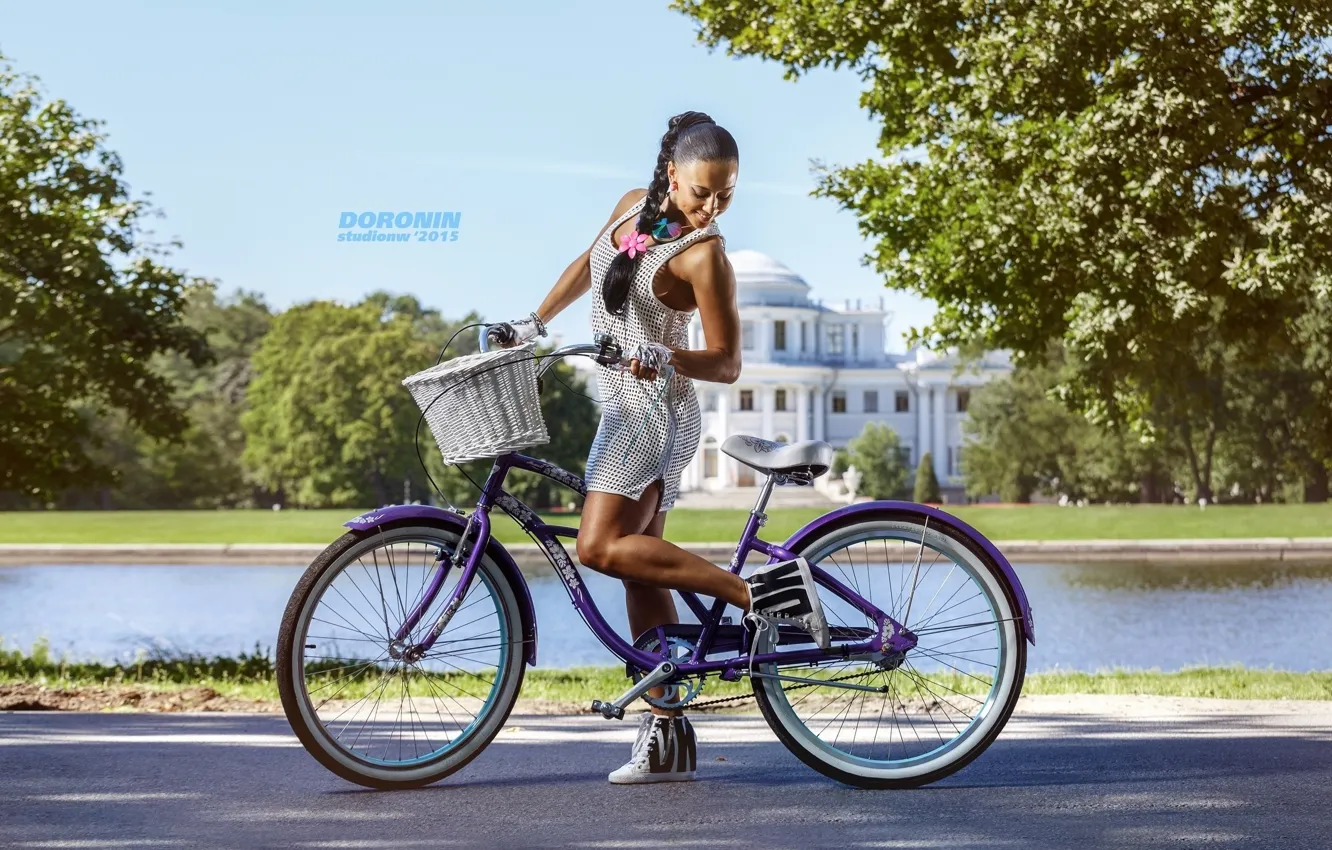 Photo wallpaper road, girl, trees, landscape, bike, basket, sport, figure