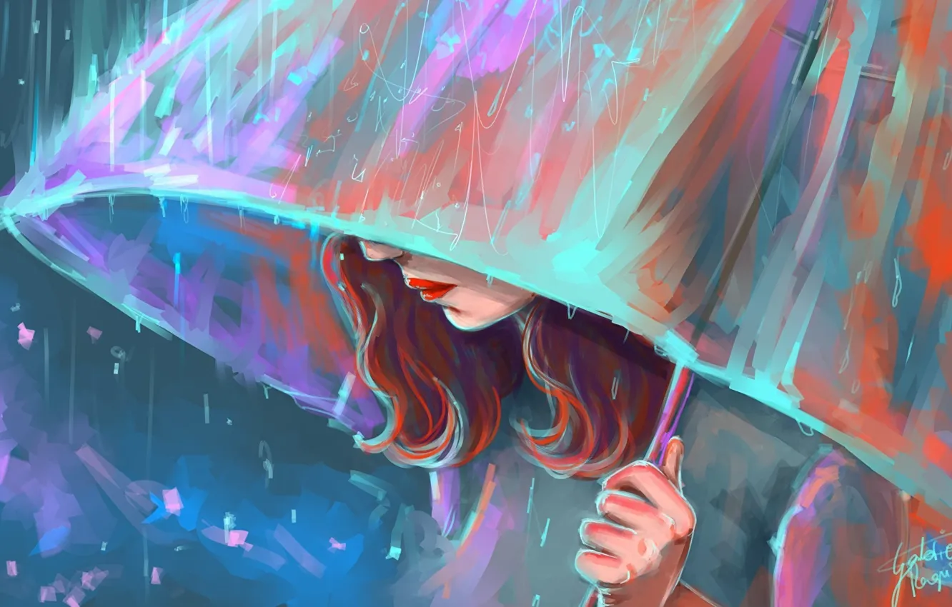 Photo wallpaper rain, red hair, rain, Bright makeup, Red hair, bright makeup, the girl under the umbrella, …