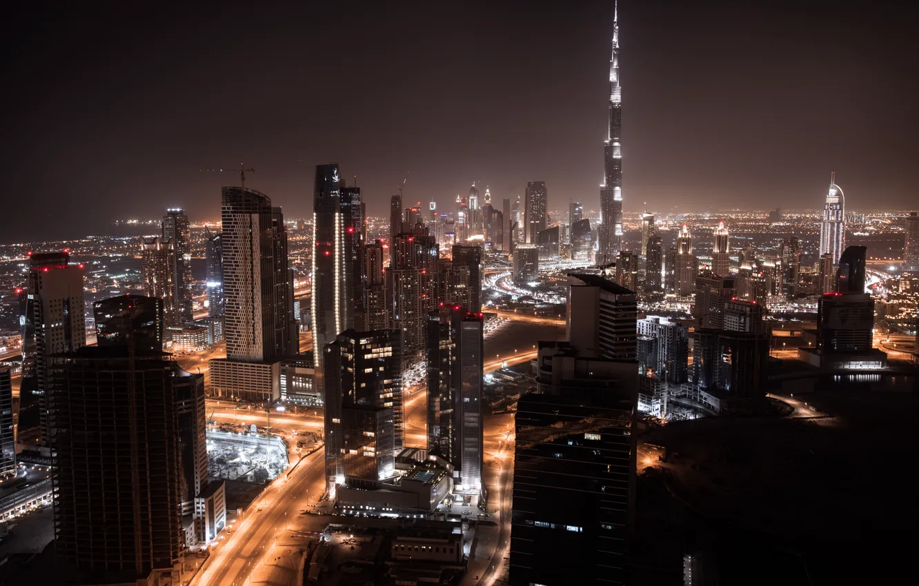 Photo wallpaper night, city, lights, home, panorama, Dubai, Dubai, skyscrapers