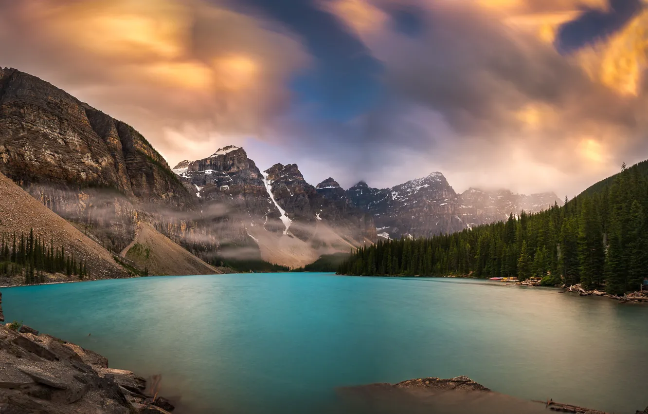 Photo wallpaper forest, clouds, mountains, lake, Canada