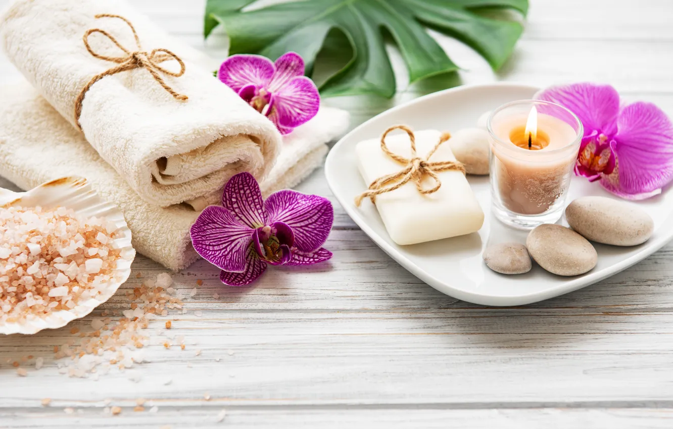 Photo wallpaper leaves, flowers, Orchid, pink, flowers, bath, orchid, stones