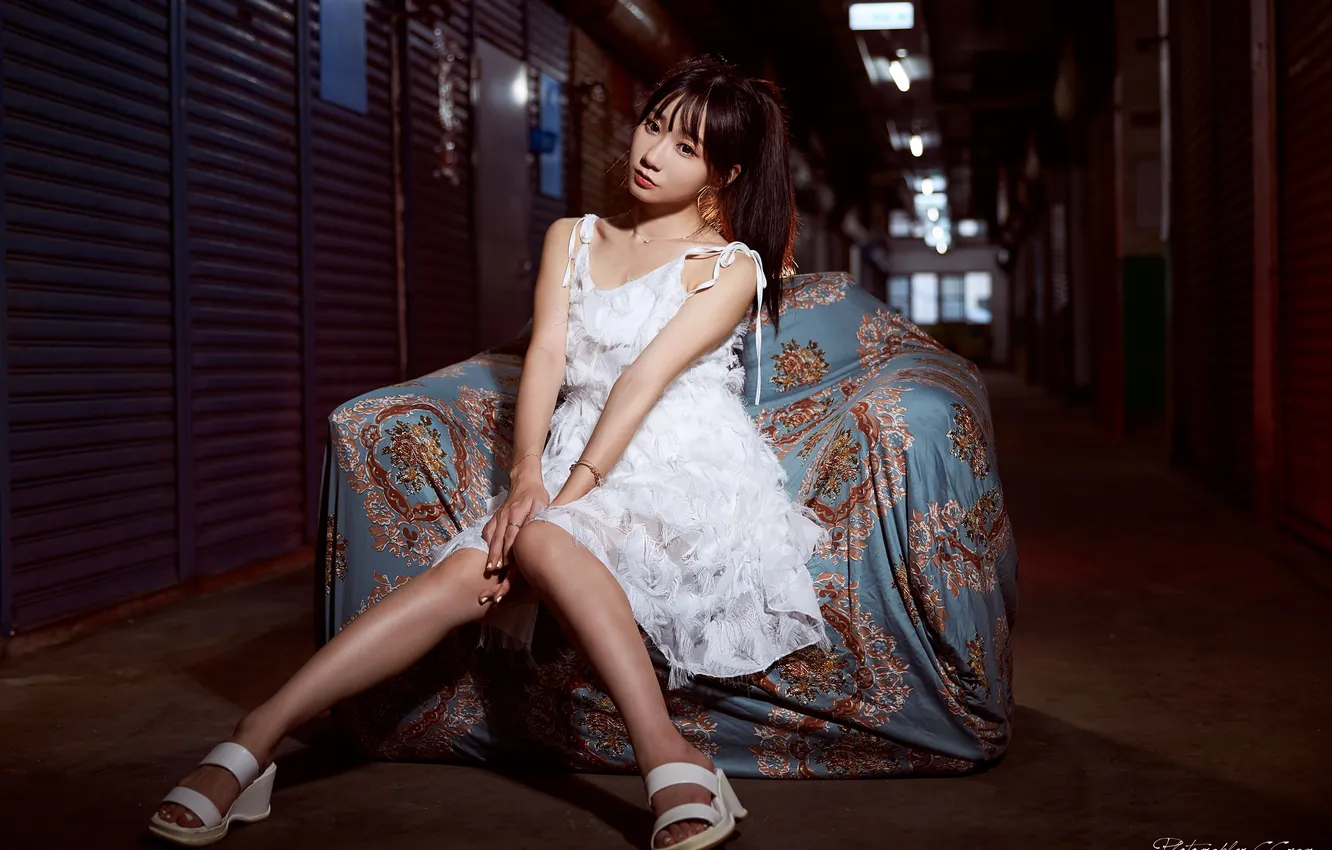 Photo wallpaper pattern, women, asian, sandals, white dress, Max Chang
