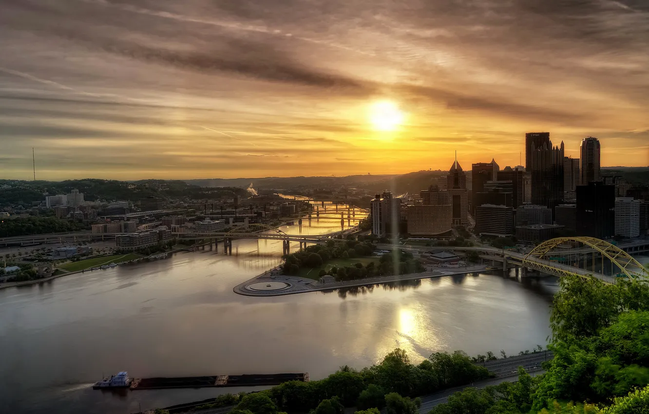 Photo wallpaper landscape, river, dawn, hdr, USA, PA, Pittsburgh