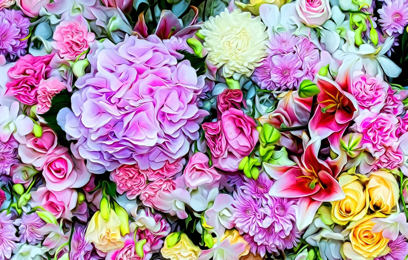 Photo wallpaper bright colors, flowers, rendering, roses, petals, tulips, picture, hydrangea