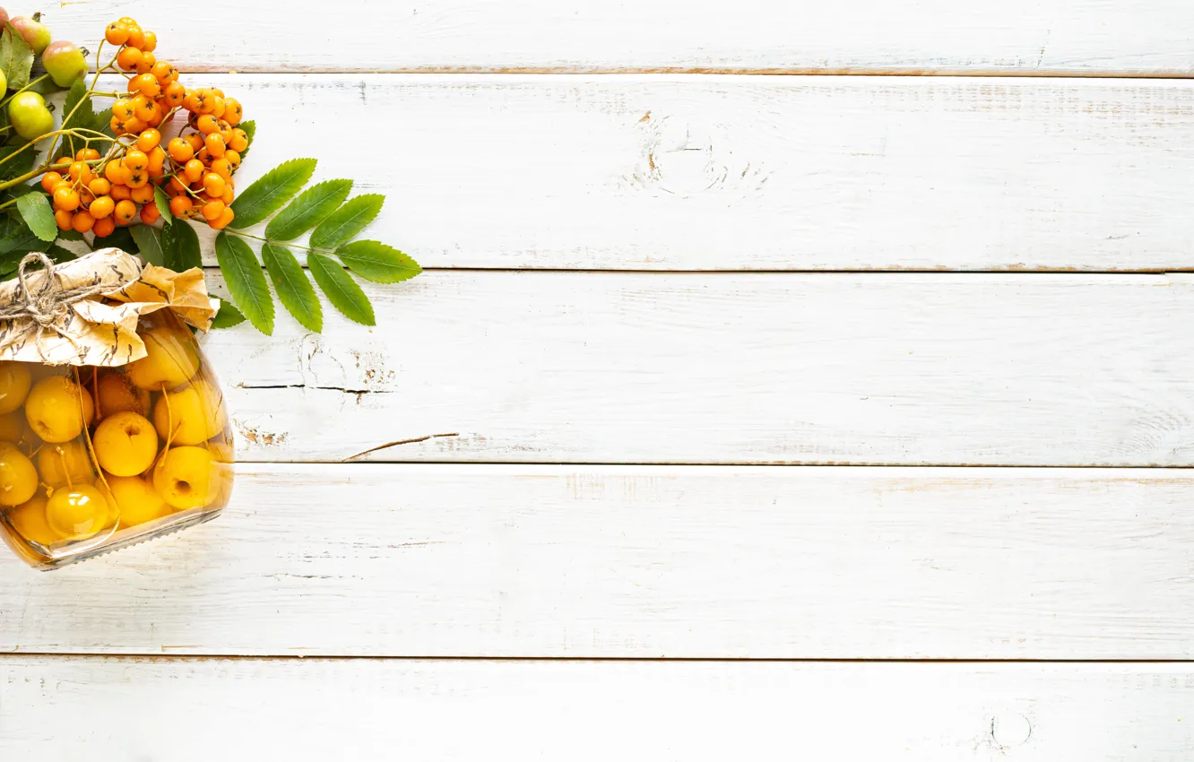 Photo wallpaper Board, white background, Rowan, apples