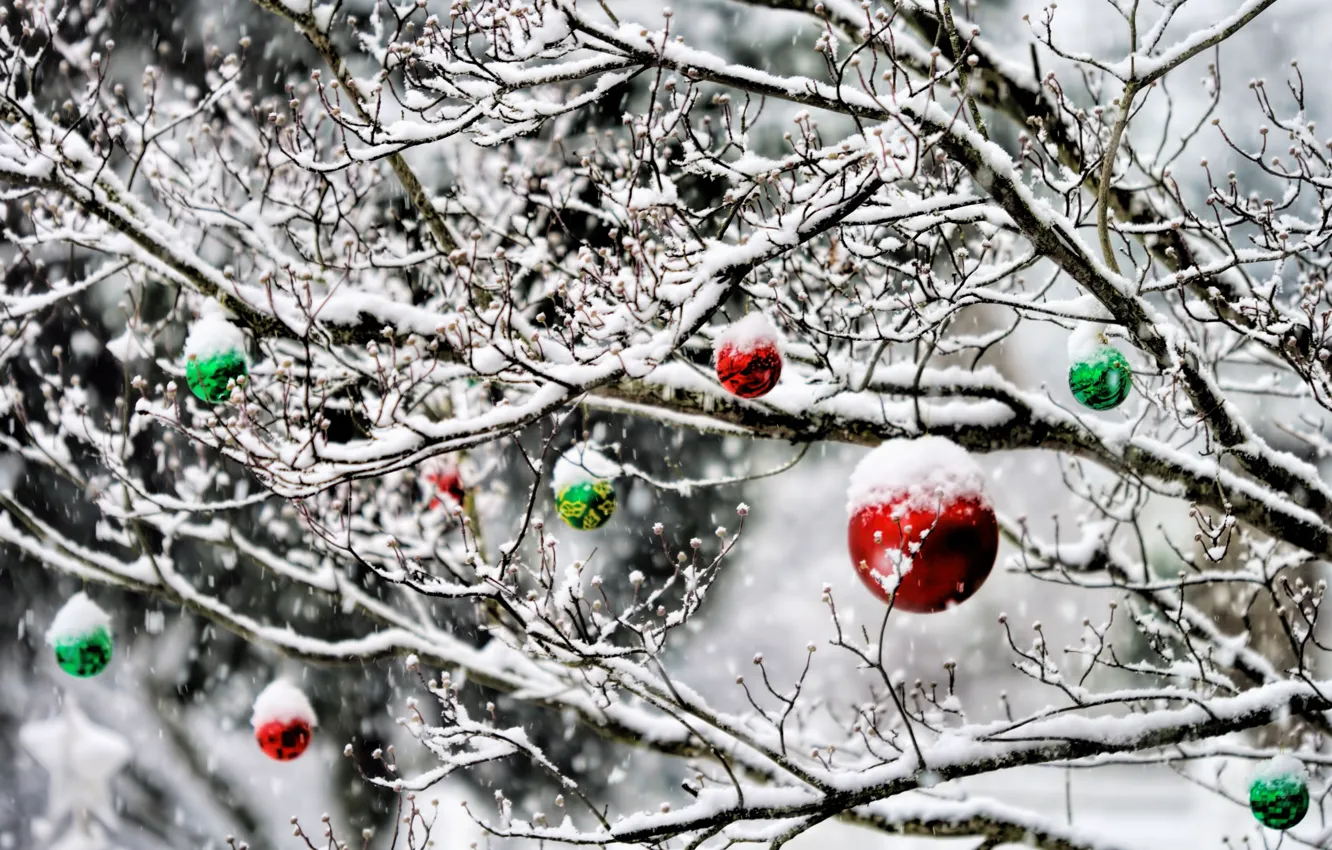 Photo wallpaper winter, balls, snow, decoration, trees, garden, New Year, Christmas