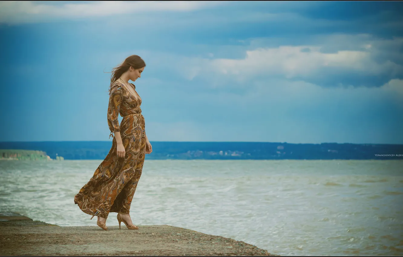 Photo wallpaper pose, coast, sea, girl, Aleksey Yepanchintcev, dress