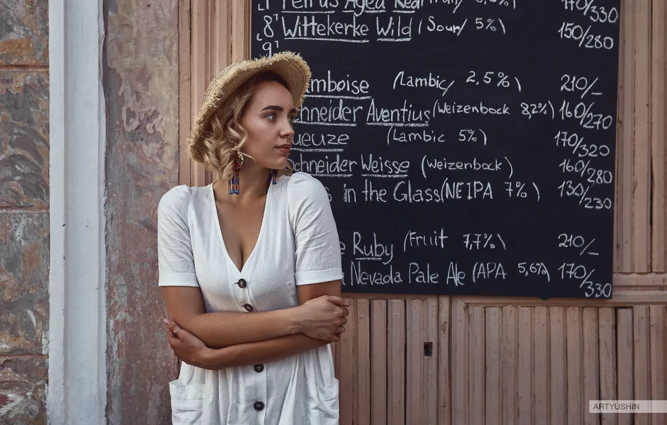Photo wallpaper girl, pose, Board, hands, hat, curls, Anton Artyushin, Anastasia Pervakova