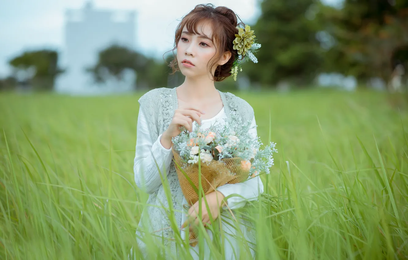 Photo wallpaper grass, girl, bouquet, Asian