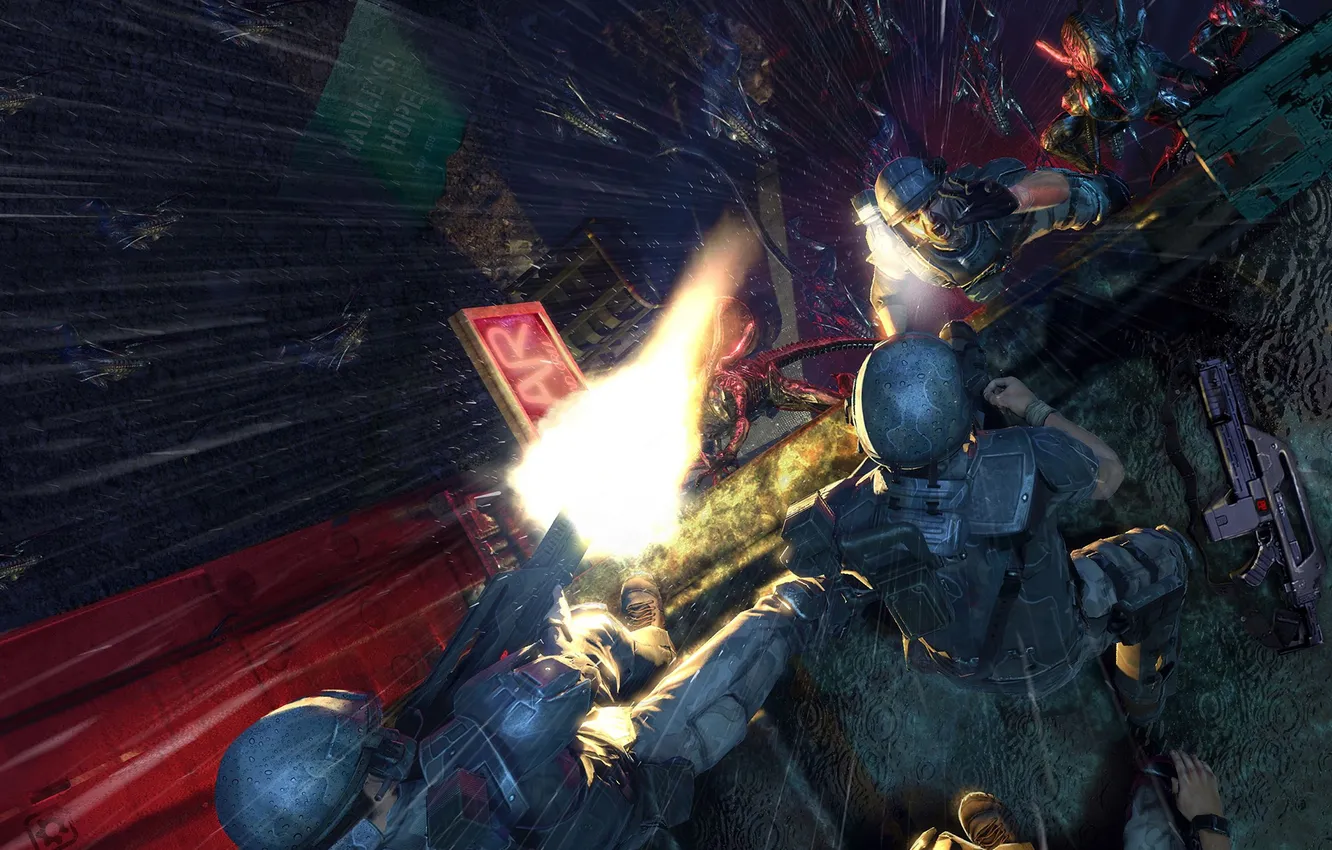 Photo wallpaper rain, monster, teeth, help, Stranger, alien, soldiers, shooting