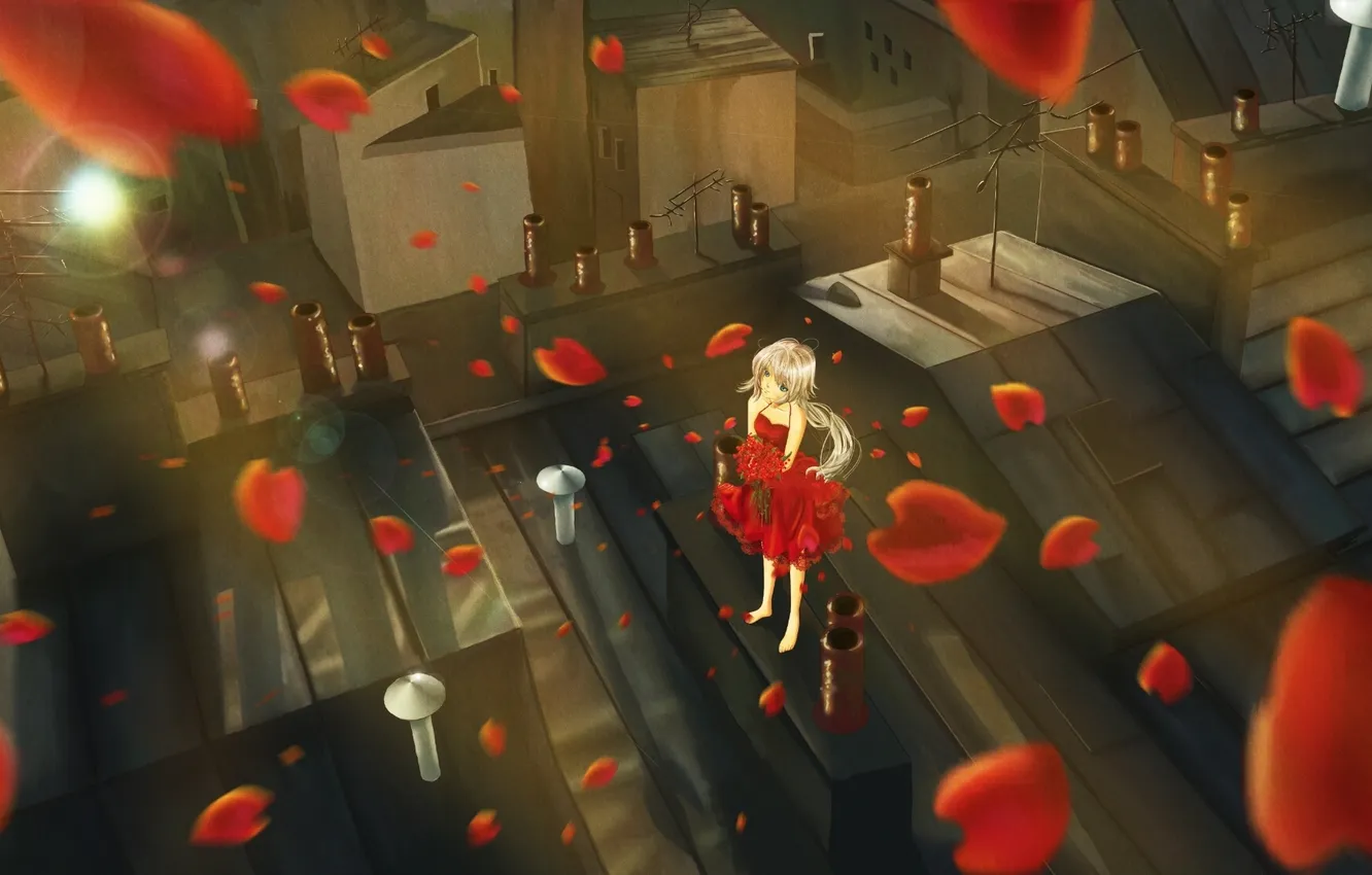 Photo wallpaper roof, girl, the sun, light, flowers, glare, bouquet, anime