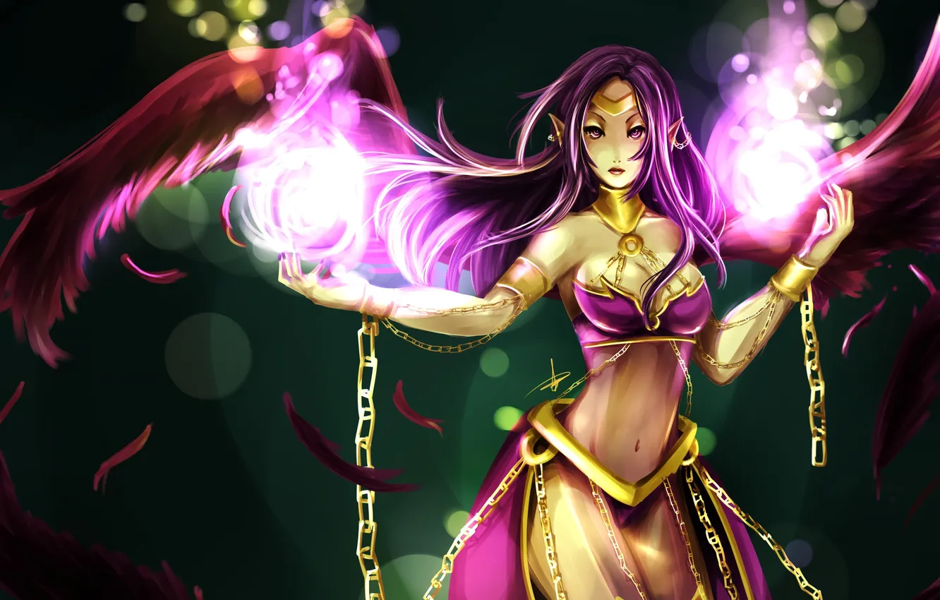 Photo wallpaper girl, magic, wings, chain, League of Legends, LoL, Morgana