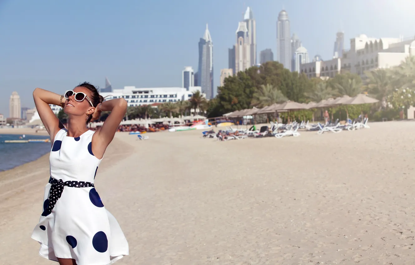 Photo wallpaper home, shore, beach, the city, sand, sea, bokeh, girl