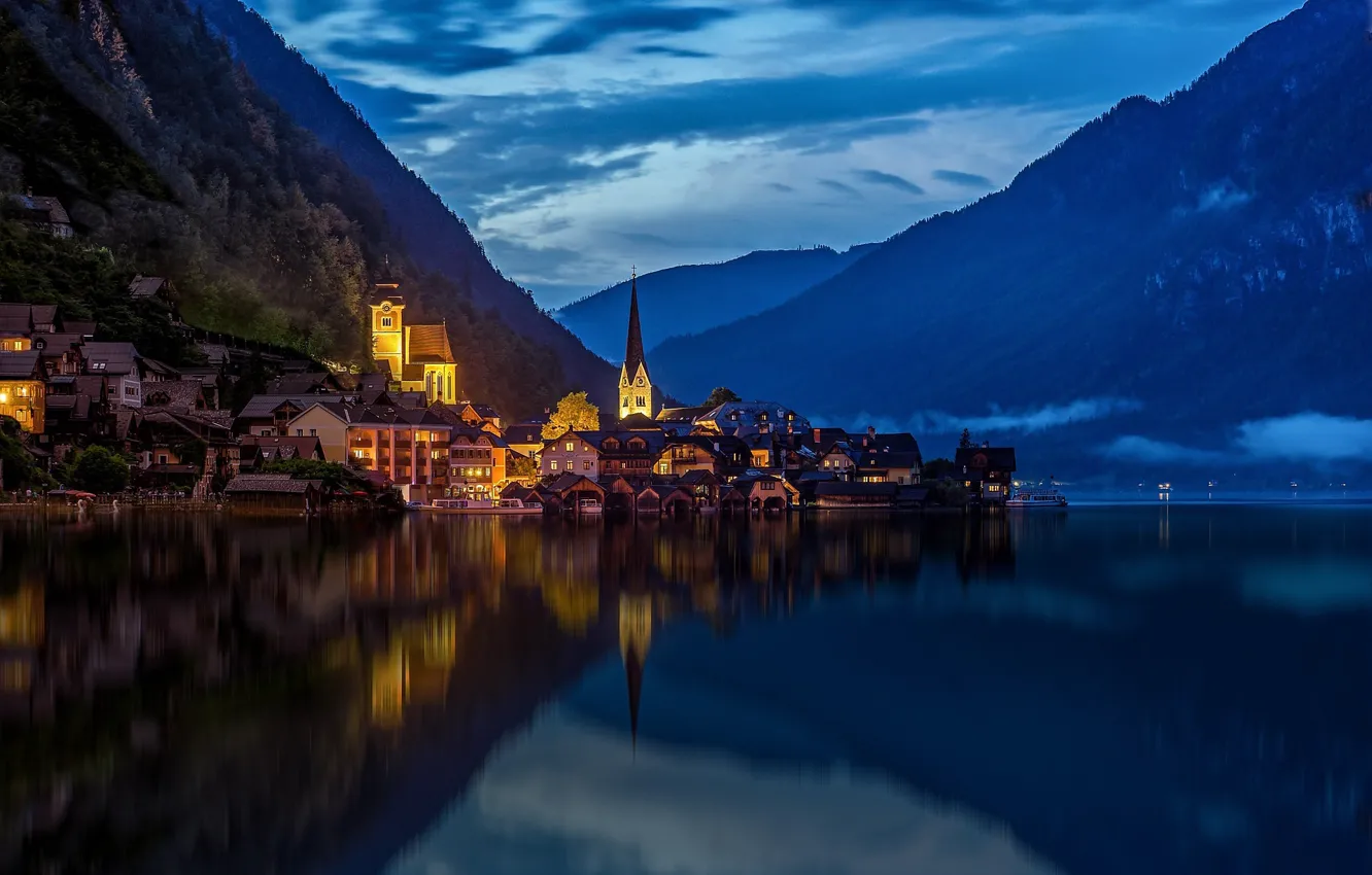 Photo wallpaper mountains, the city, lights, lake, the evening, Austria, Hallstatt