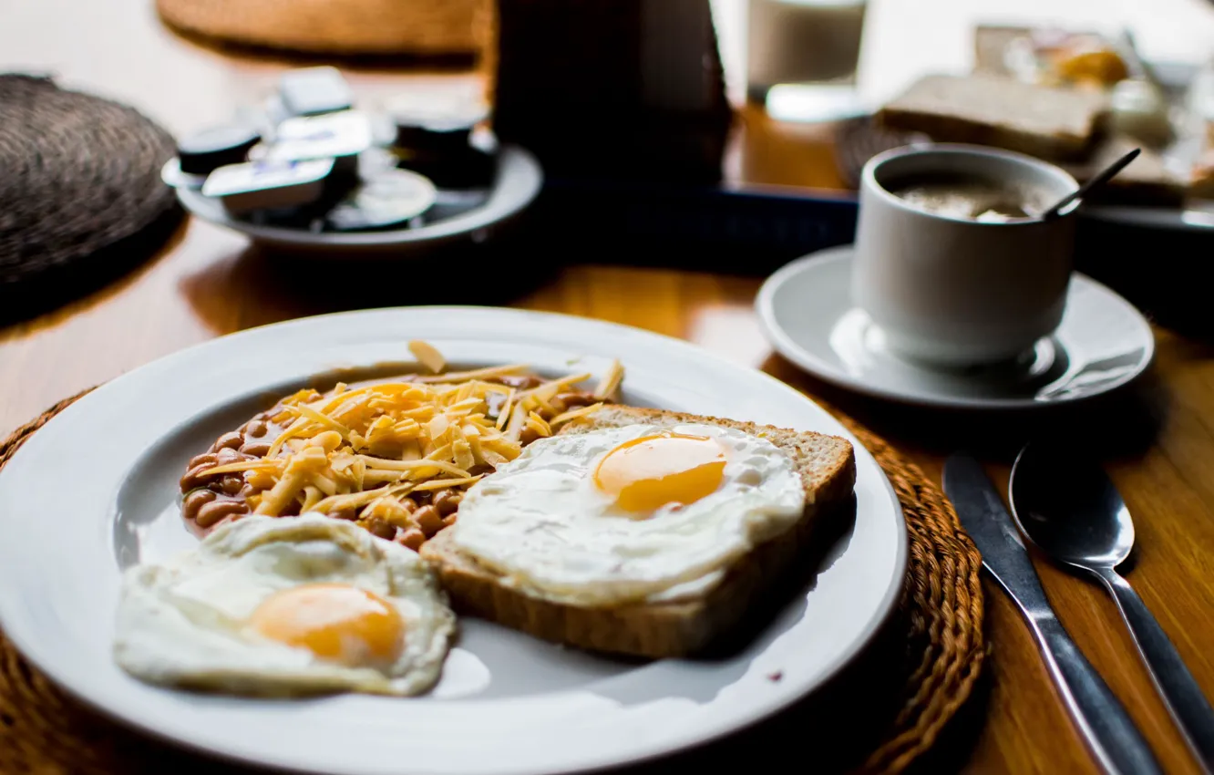 Photo wallpaper plate, bread, spoon, knife, scrambled eggs
