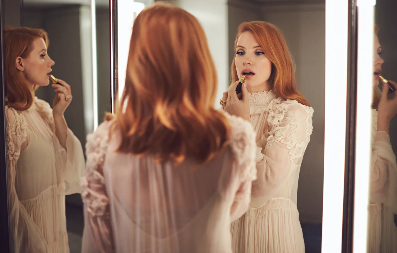 Photo wallpaper reflection, mirror, red, red lipstick, painted, Jessica Chastain