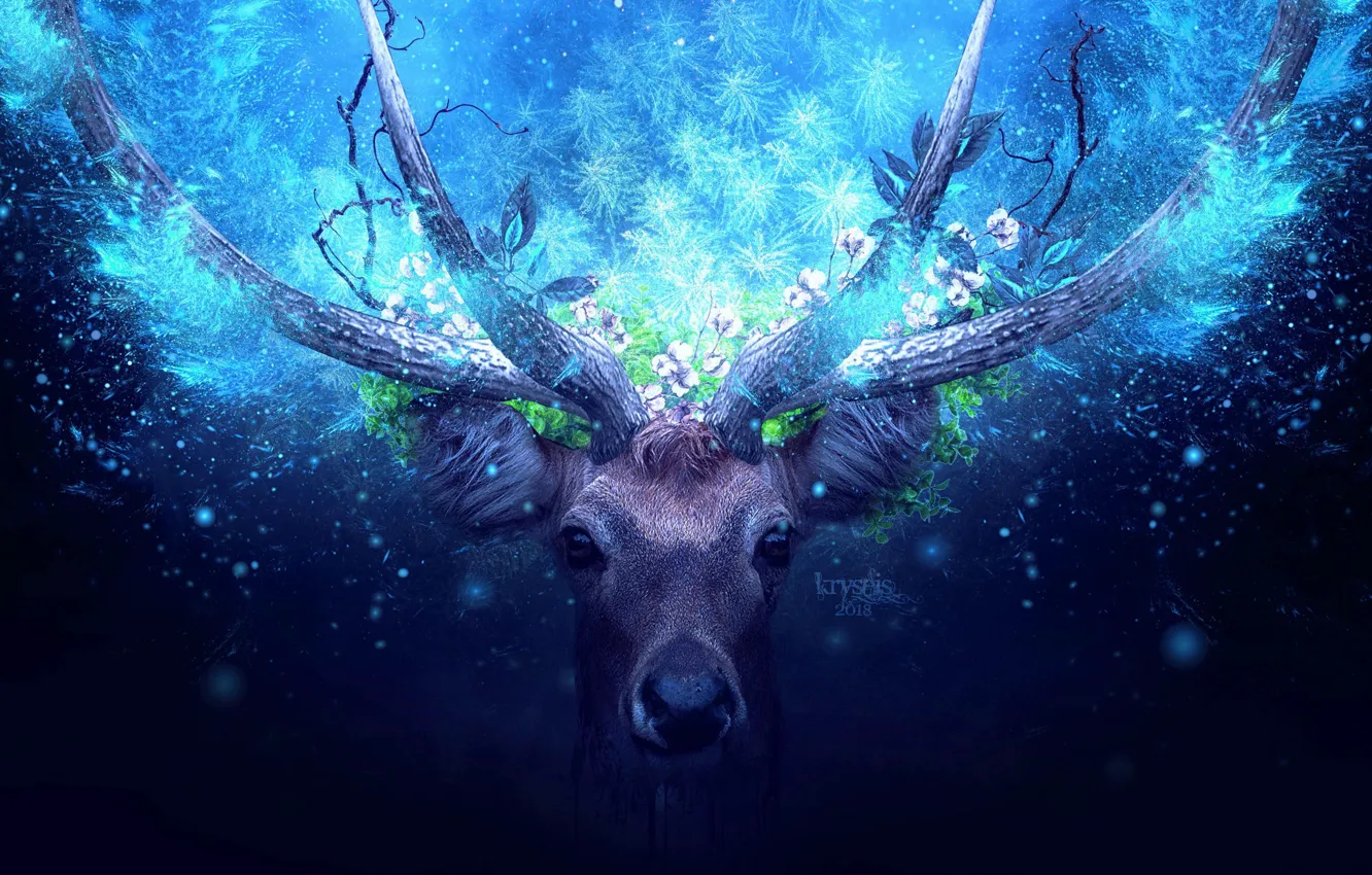 Photo wallpaper greens, look, animal, magic, foliage, deer, horns, magic