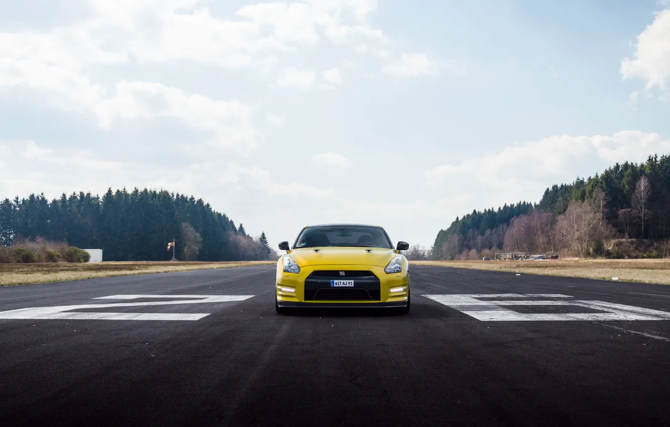 Photo wallpaper the sky, clouds, lights, Nissan, GT-R, front, runway