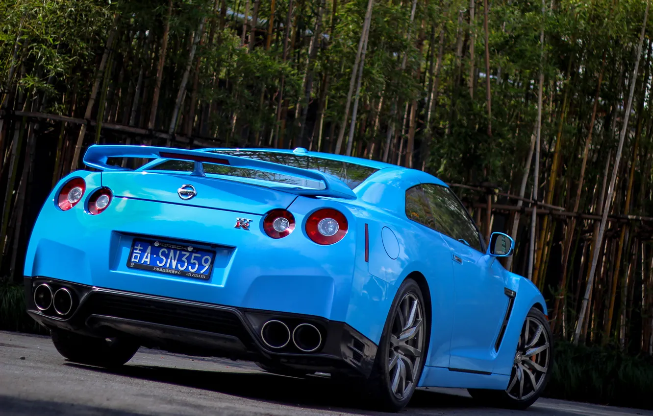 Photo wallpaper Nissan, blue, gtr, bamboo, back, r35