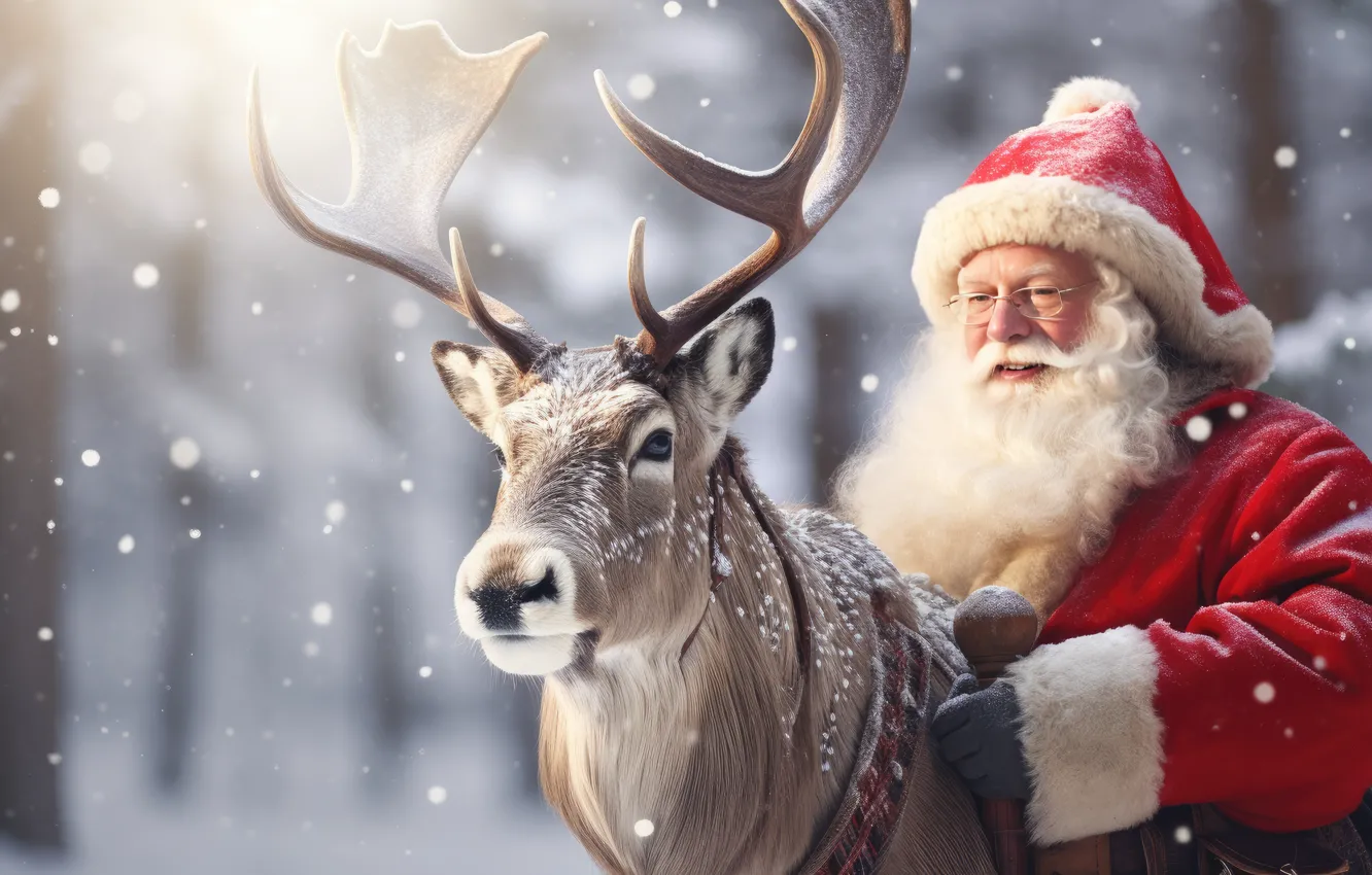Photo wallpaper winter, forest, snow, nature, deer, glasses, Christmas, New year
