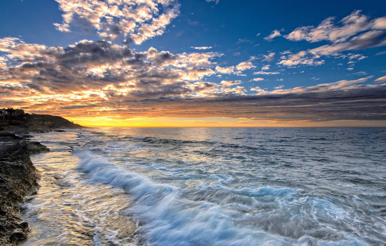 Photo wallpaper wave, the sky, water, clouds, landscape, sunset, nature, the ocean