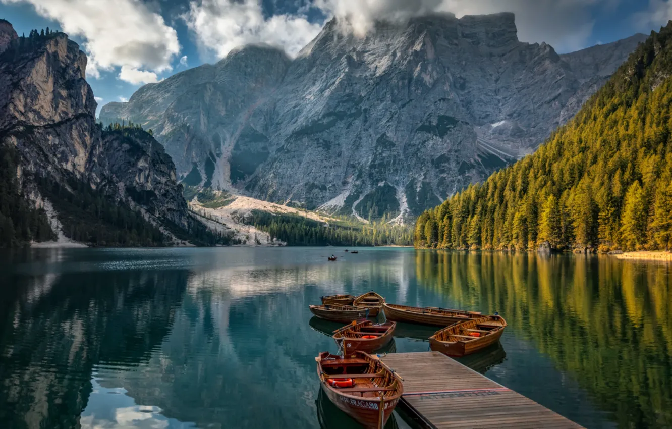 Photo wallpaper forest, mountains, lake, boats, Italy, The Dolomites, South Tyrol