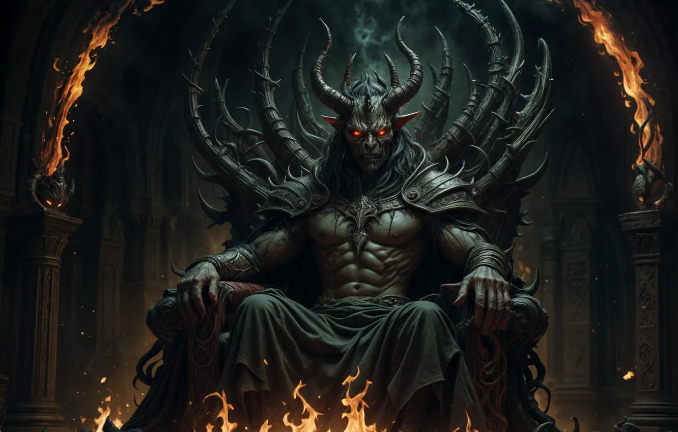 Photo wallpaper demon, fire, devil, red eyes, evil, cinematic, AI art