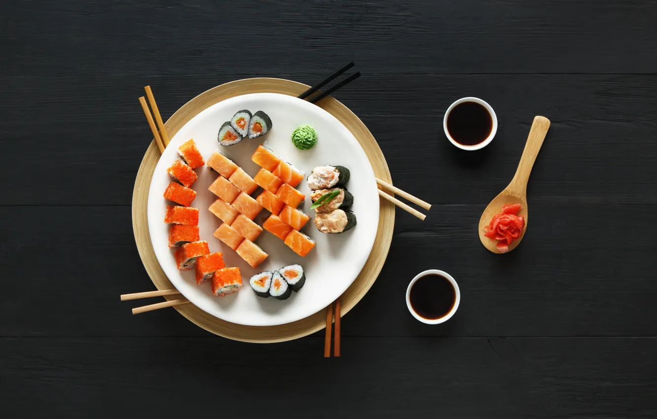 Photo wallpaper sticks, sauce, sushi, sushi, rolls, ginger, set, wasabi