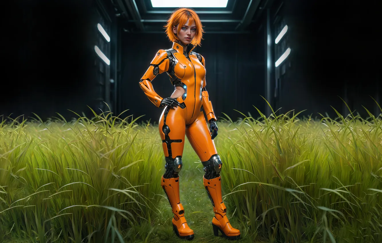 Photo wallpaper grass, girl, fiction, jumpsuit