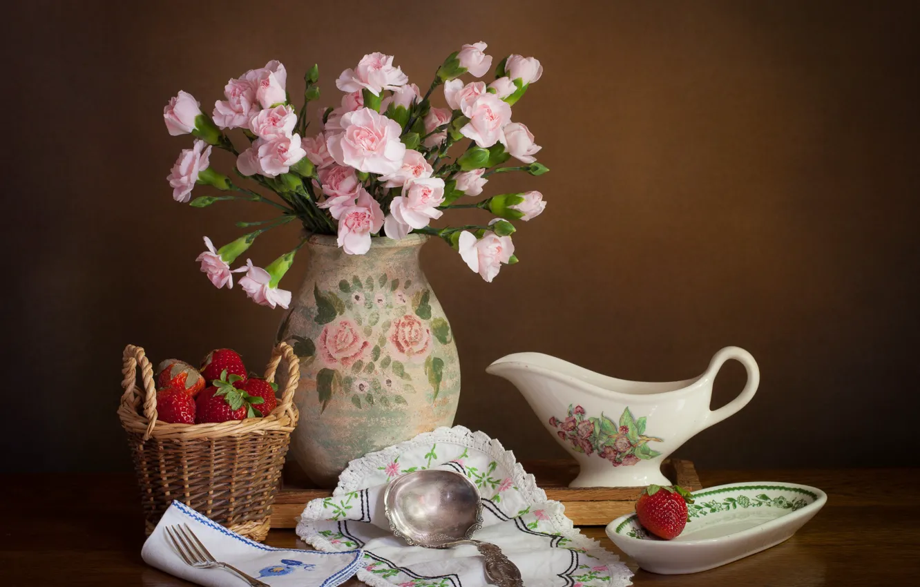 Photo wallpaper flowers, style, berries, background, strawberry, vase, still life, basket